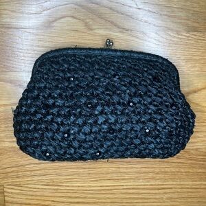 Vintage raffia black kiss lock purse with beads